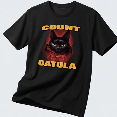 Vintage cartoon Count Catula design featuring a black cat for Halloween.