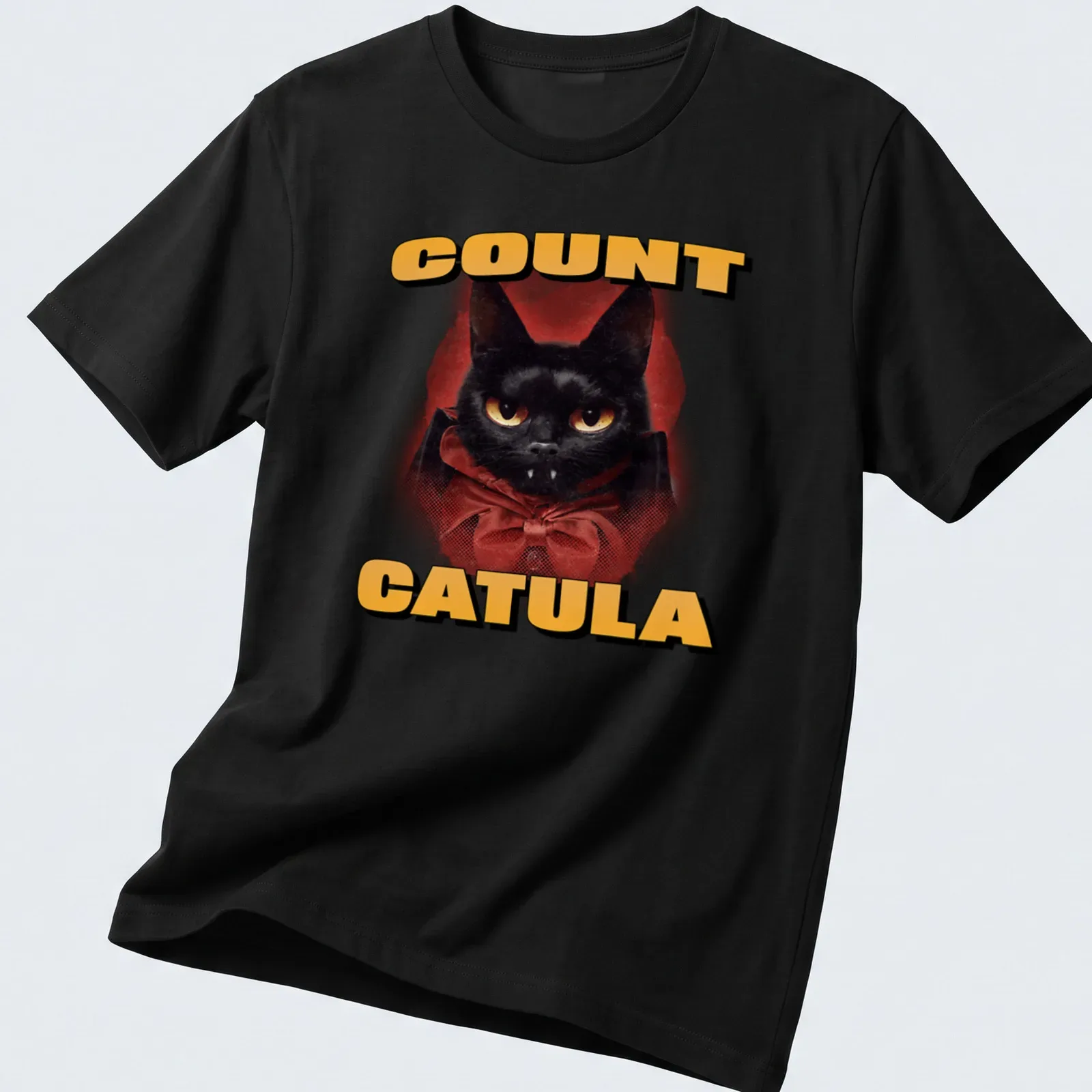 Vintage cartoon Count Catula design featuring a black cat for Halloween. — printed on a unisex t-shirt