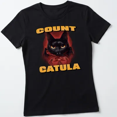 Vintage cartoon Count Catula design featuring a black cat for Halloween. — printed on a women's shirt