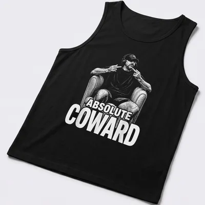 Humorous illustration of a person with headphones and text reading Absolute Coward — printed on a tank top