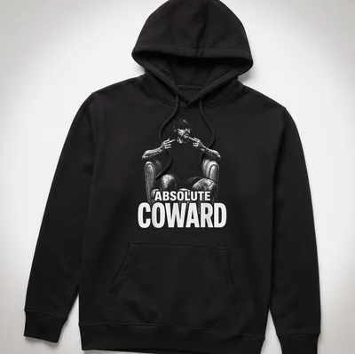 Humorous illustration of a person with headphones and text reading Absolute Coward — printed on a unisex hoodie