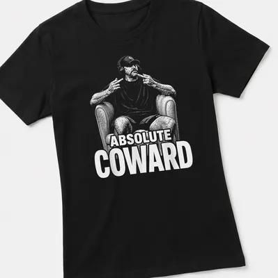 Humorous illustration of a person with headphones and text reading Absolute Coward — printed on a women's shirt