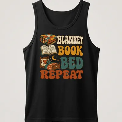 Retro graphic tee with plaid blanket, open book, and bed design — printed on a tank top