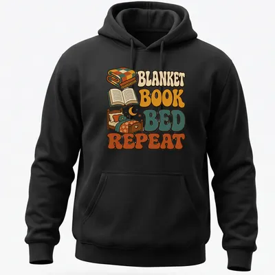Retro graphic tee with plaid blanket, open book, and bed design — printed on a unisex hoodie
