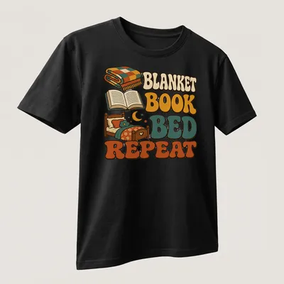 Retro graphic tee with plaid blanket, open book, and bed design — printed on a unisex t-shirt (angled view)