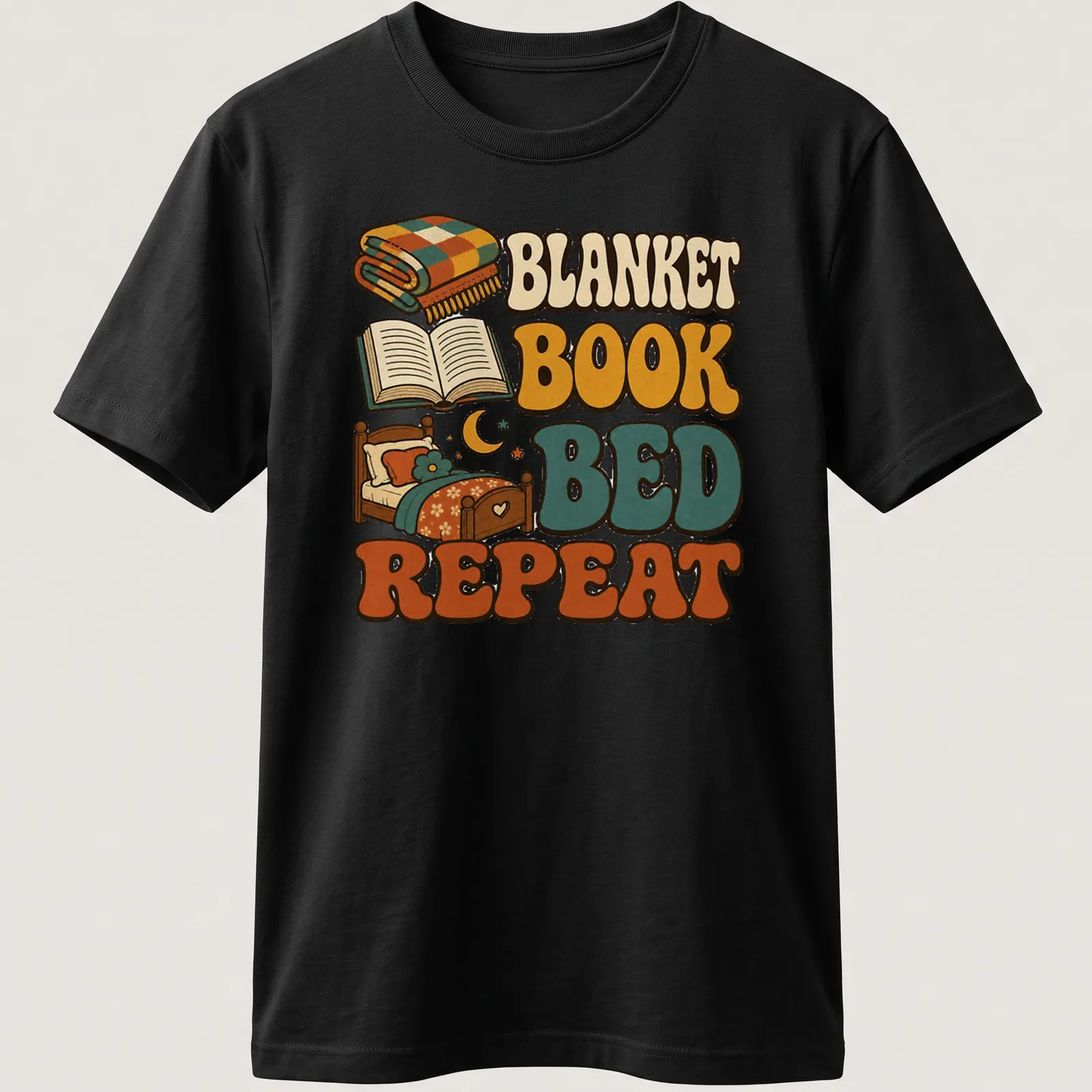 Retro graphic tee with plaid blanket, open book, and bed design — printed on a unisex t-shirt