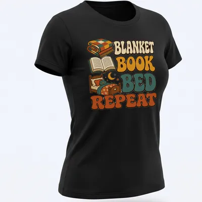 Retro graphic tee with plaid blanket, open book, and bed design — printed on a women's shirt