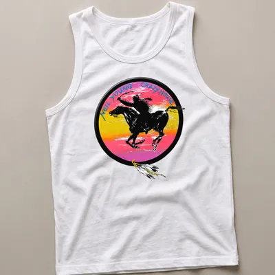 Vibrant graphic of Crazy Horse riding a horse with Neil Young text — printed on a tank top