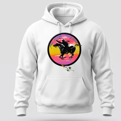 Vibrant graphic of Crazy Horse riding a horse with Neil Young text — printed on a unisex hoodie