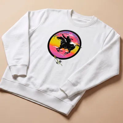 Vibrant graphic of Crazy Horse riding a horse with Neil Young text — printed on a unisex sweatshirt