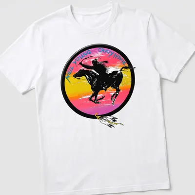 Vibrant graphic of Crazy Horse riding a horse with Neil Young text