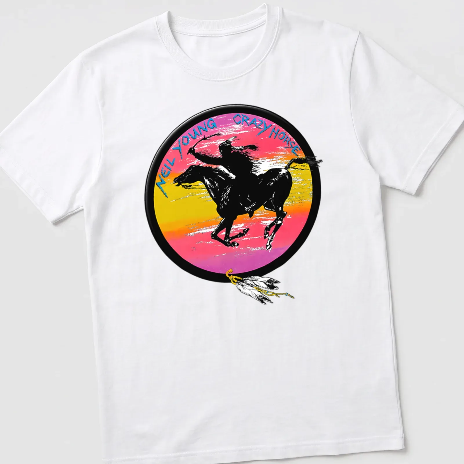 Vibrant graphic of Crazy Horse riding a horse with Neil Young text — printed on a unisex t-shirt
