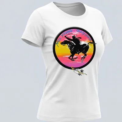Vibrant graphic of Crazy Horse riding a horse with Neil Young text — printed on a women's shirt