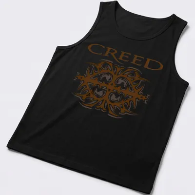 Ornate printed design of the Creed band logo in brown and white — printed on a tank top