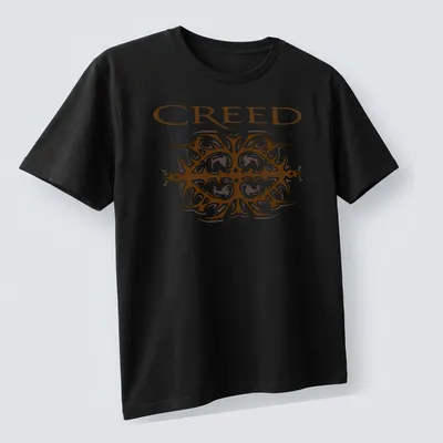 Ornate printed design of the Creed band logo in brown and white — printed on a unisex t-shirt (angled view)