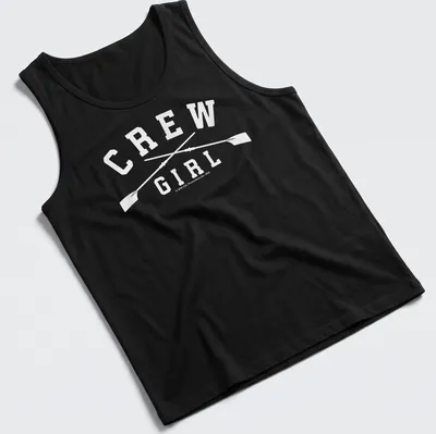 Bold typography shirt with 'Crew Girl' and oars graphic in white — printed on a tank top