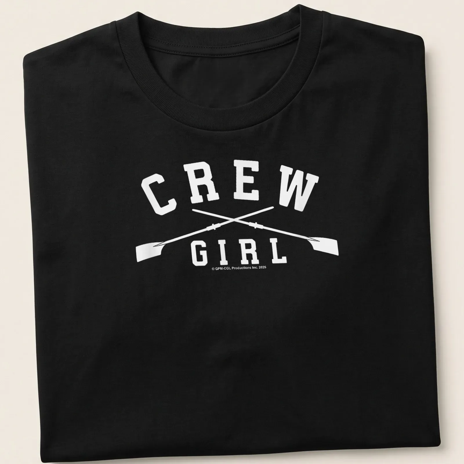 Bold typography shirt with 'Crew Girl' and oars graphic in white — printed on a unisex t-shirt