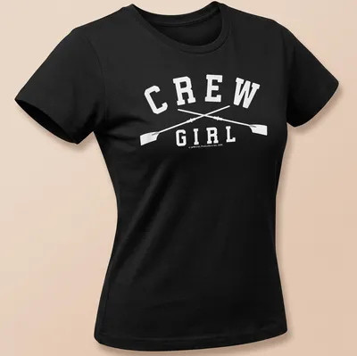 Bold typography shirt with 'Crew Girl' and oars graphic in white — printed on a women's shirt