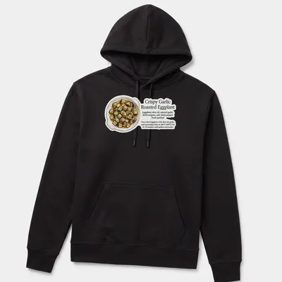Illustration of crispy garlic roasted eggplant with ingredients on a — printed on a unisex hoodie