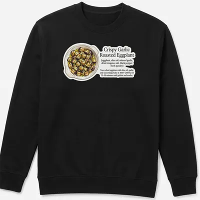 Illustration of crispy garlic roasted eggplant with ingredients on a — printed on a unisex sweatshirt