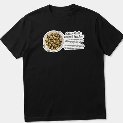 Illustration of crispy garlic roasted eggplant with ingredients on a t-shirt