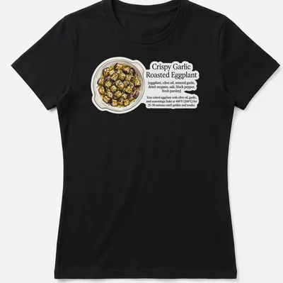 Illustration of crispy garlic roasted eggplant with ingredients on a — printed on a women's shirt