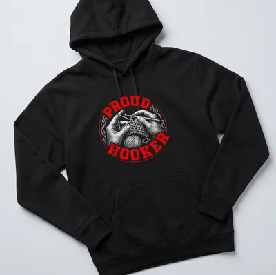 Vintage distressed t-shirt with 'Proud Hooker' text and crochet hands — printed on a unisex hoodie