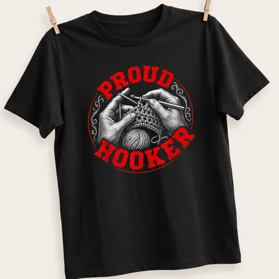 Vintage distressed t-shirt with 'Proud Hooker' text and crochet hands