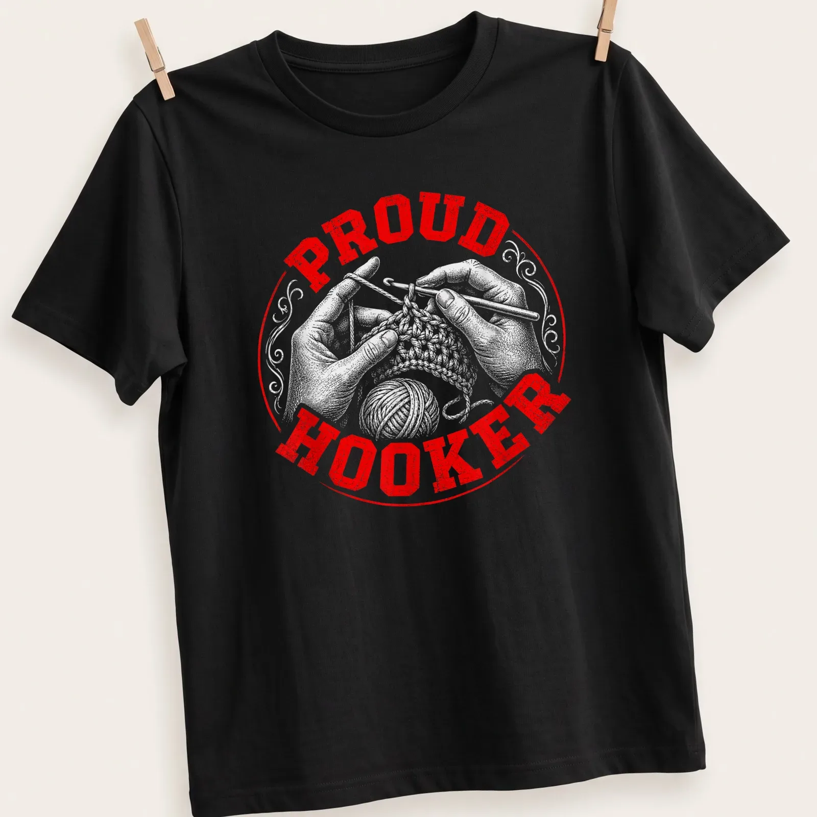 Vintage distressed t-shirt with 'Proud Hooker' text and crochet hands — printed on a unisex t-shirt