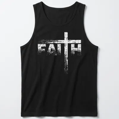 Distressed print with the word 'FAITH' and a cross graphic in white. — printed on a tank top