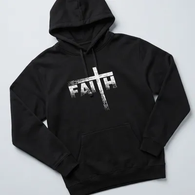 Distressed print with the word 'FAITH' and a cross graphic in white. — printed on a unisex hoodie