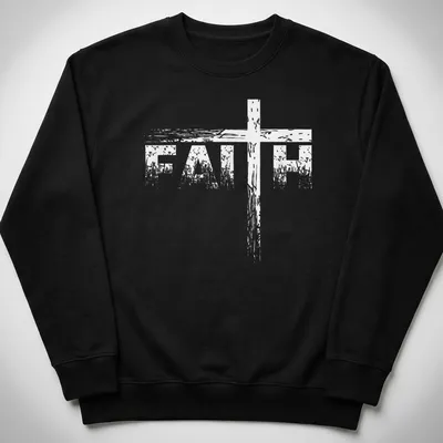 Distressed print with the word 'FAITH' and a cross graphic in white. — printed on a unisex sweatshirt