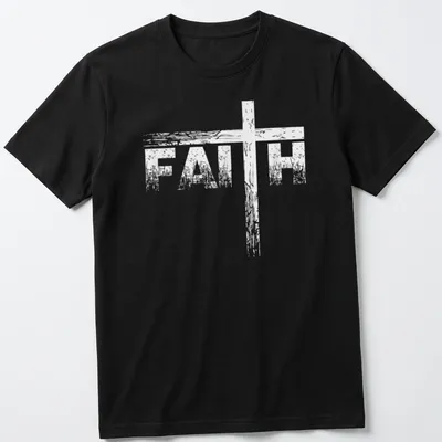 Distressed print with the word 'FAITH' and a cross graphic in white.