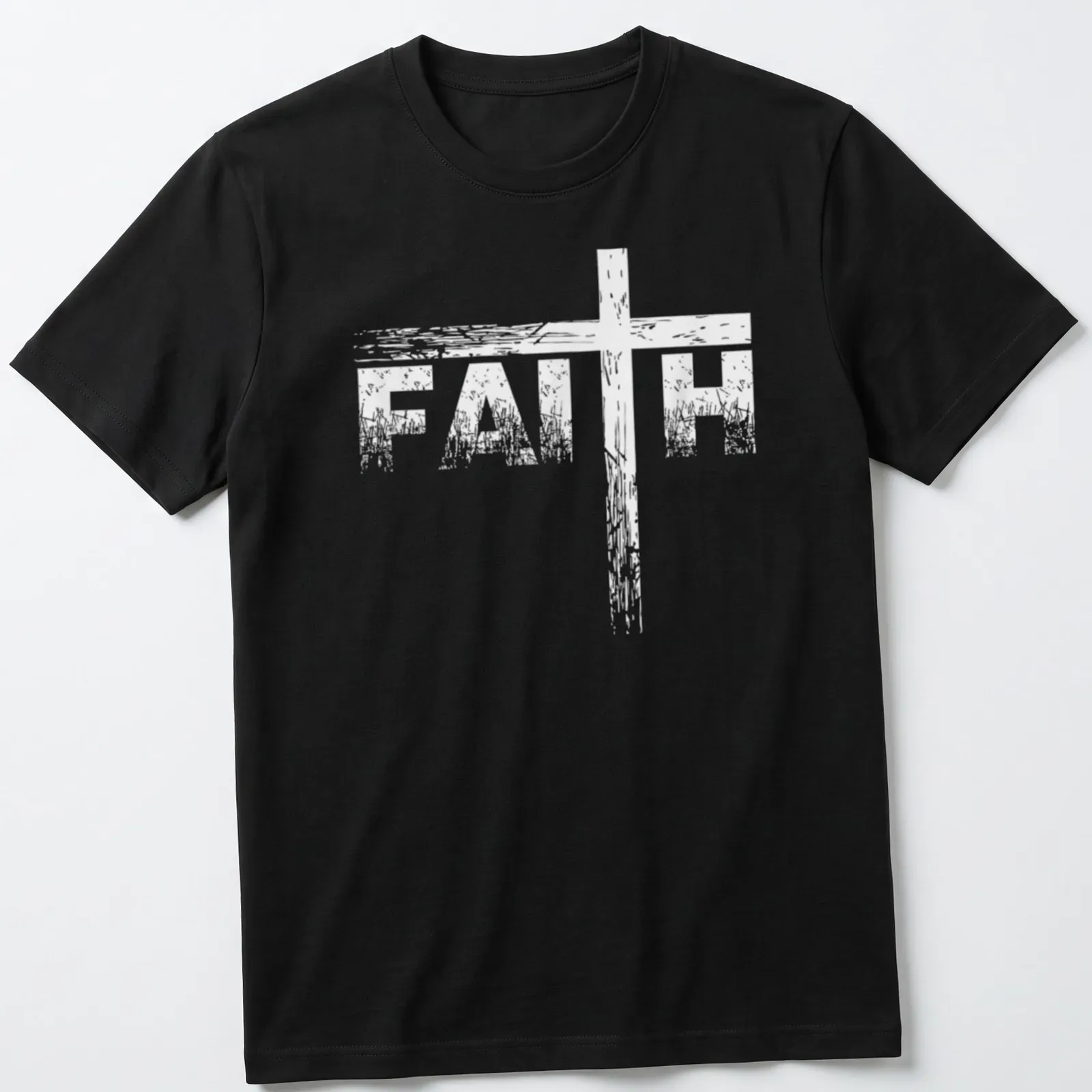 Distressed print with the word 'FAITH' and a cross graphic in white. — printed on a unisex t-shirt