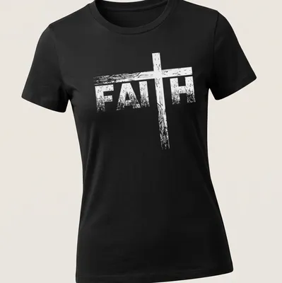 Distressed print with the word 'FAITH' and a cross graphic in white. — printed on a women's shirt