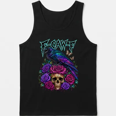 Vibrant Halloween t-shirt with colorful crow illustration and F-CAW-F text — printed on a tank top