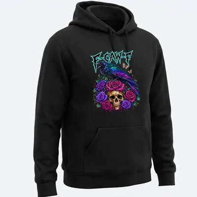 Vibrant Halloween t-shirt with colorful crow illustration and F-CAW-F text — printed on a unisex hoodie