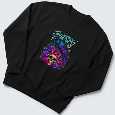 Vibrant Halloween t-shirt with colorful crow illustration and F-CAW-F text — printed on a unisex sweatshirt