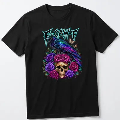 Vibrant Halloween t-shirt with colorful crow illustration and F-CAW-F text