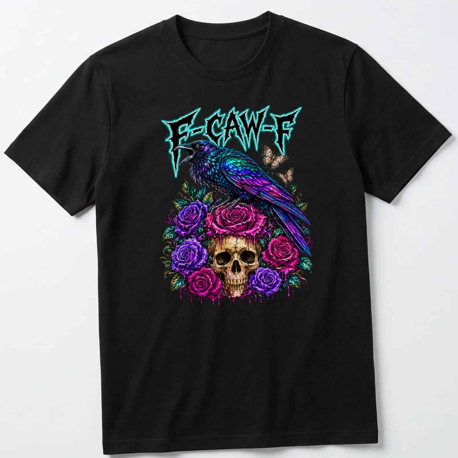 Vibrant Halloween t-shirt with colorful crow illustration and F-CAW-F text — printed on a unisex t-shirt