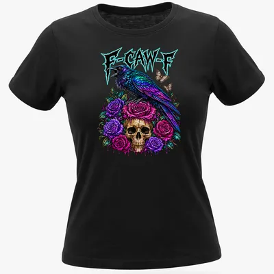 Vibrant Halloween t-shirt with colorful crow illustration and F-CAW-F text — printed on a women's shirt