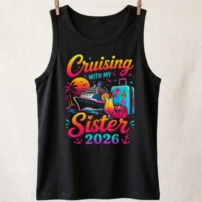 Colorful tropical print of a cruise ship with bold text above. — printed on a tank top