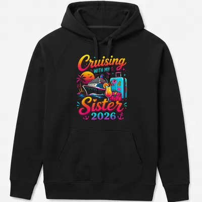 Colorful tropical print of a cruise ship with bold text above. — printed on a unisex hoodie