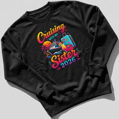 Colorful tropical print of a cruise ship with bold text above. — printed on a unisex sweatshirt