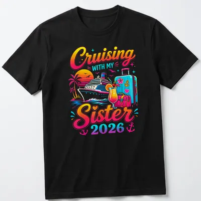 Colorful tropical print of a cruise ship with bold text above.