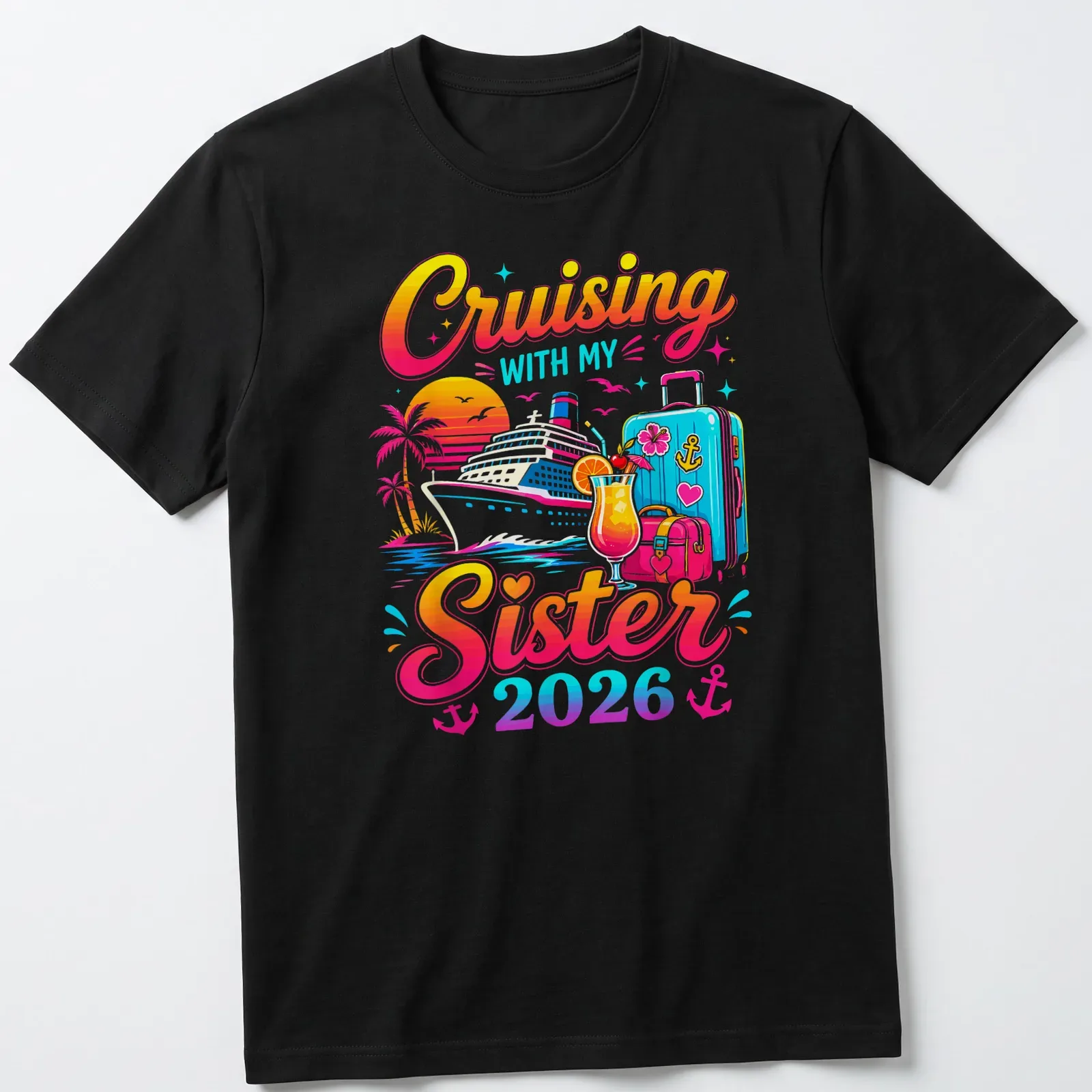 Colorful tropical print of a cruise ship with bold text above. — printed on a unisex t-shirt