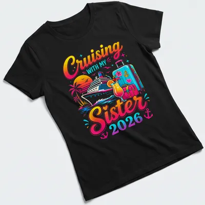 Colorful tropical print of a cruise ship with bold text above. — printed on a women's shirt