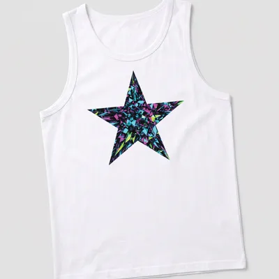 3D art of a crystal star burst in metallic blue, purple, green, and black — printed on a tank top