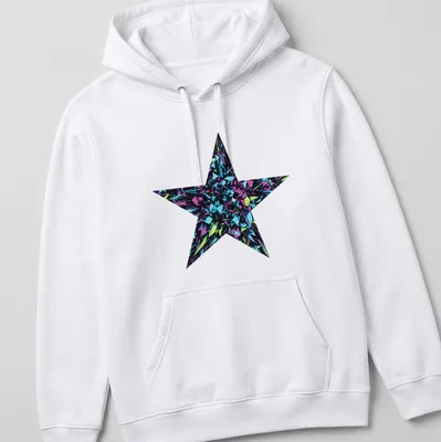 3D art of a crystal star burst in metallic blue, purple, green, and black — printed on a unisex hoodie