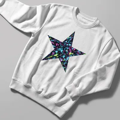 3D art of a crystal star burst in metallic blue, purple, green, and black — printed on a unisex sweatshirt